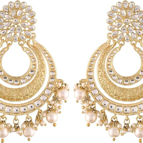 Gold Plated Kundan Faux Pearl Bridal Earrings & Maang Tikka Set Women - Picture 3 of 9